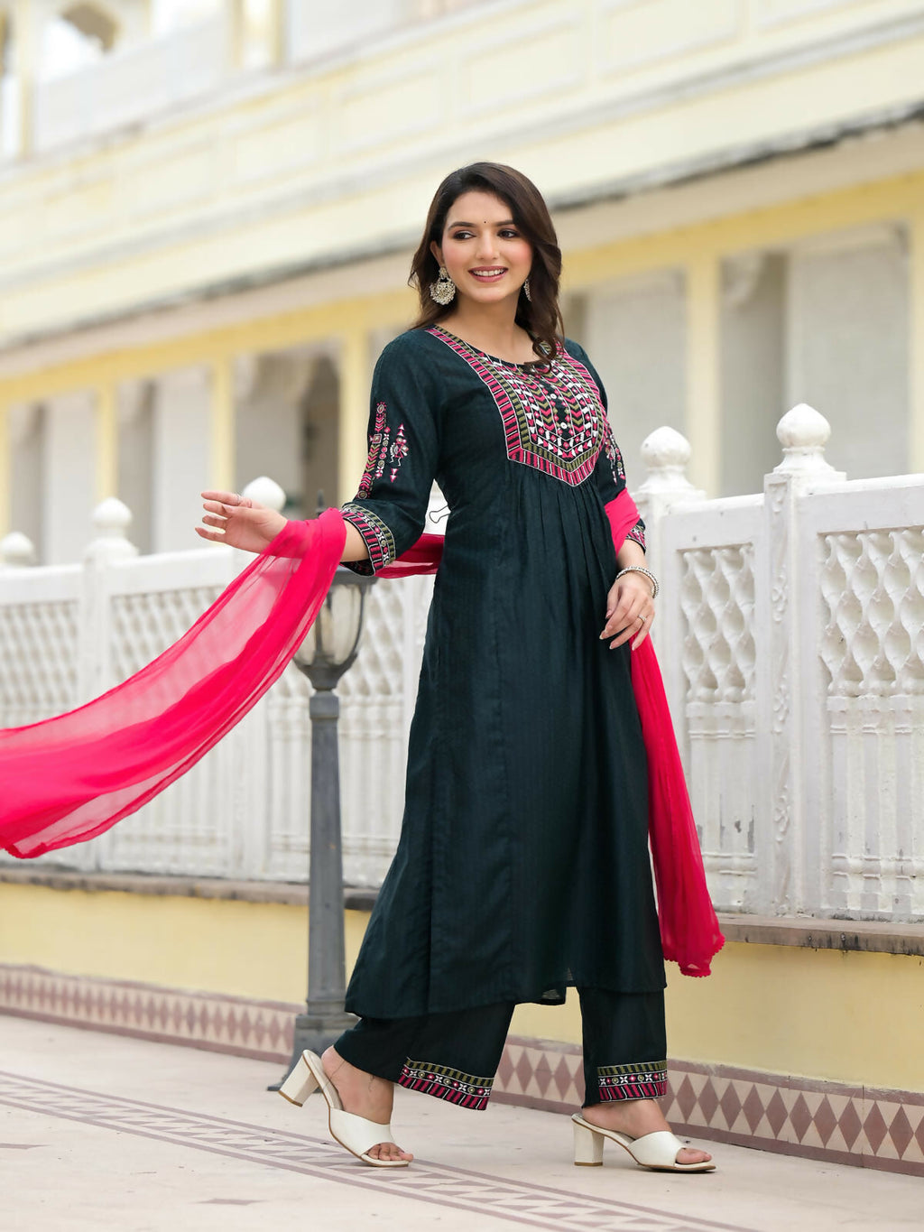 Juniper Women's Green Solid Nylon Kurta Pant With Dupatta Set With Thread & Mirror Work | Grocsy