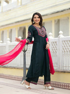 Juniper Women's Green Solid Nylon Kurta Pant With Dupatta Set With Thread & Mirror Work | Grocsy