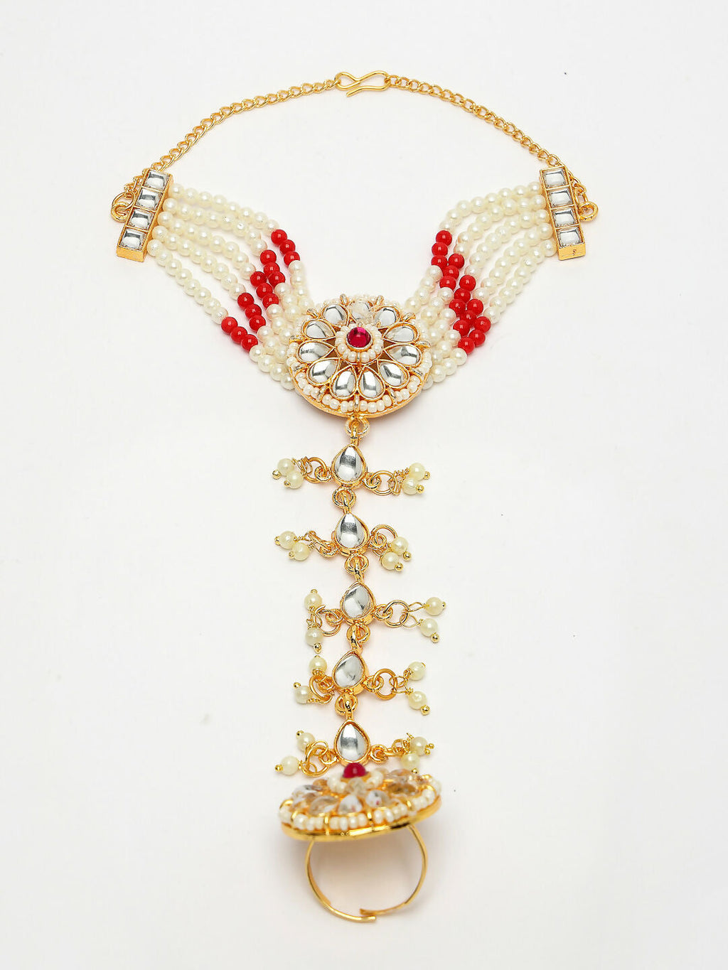 NVR Women's Red Gold-Polished Stone Studded Handcrafted Ring Bracelet | Grocsy
