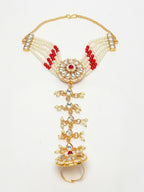 NVR Women's Red Gold-Polished Stone Studded Handcrafted Ring Bracelet | Grocsy