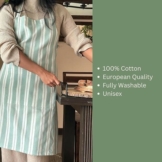 Oak & Lily 100% Cotton Kitchen Apron-Green Striped | Grocsy