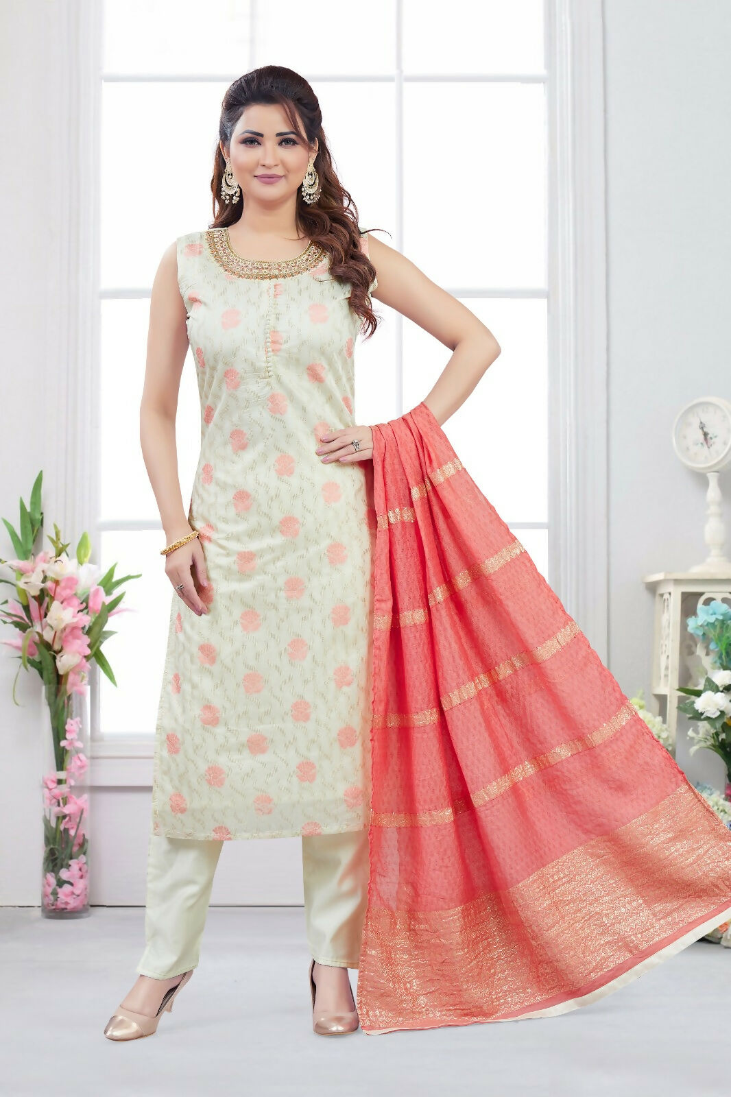 Joban Fashion Jacquard Cream Color Kurta Set | Grocsy