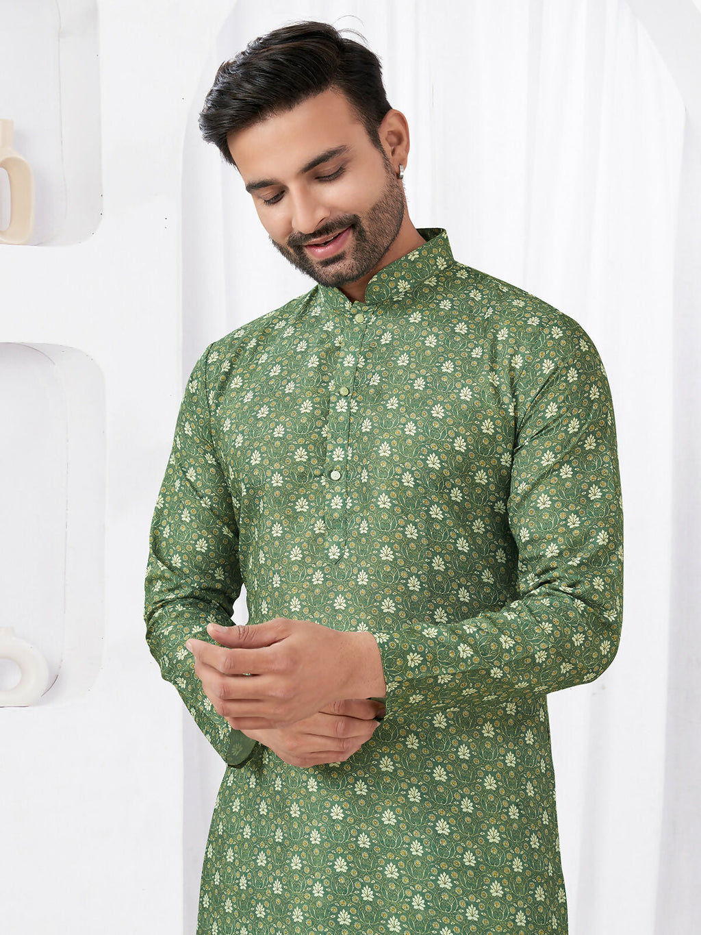 Joban Fashion Men's Rayon Cotton Green Printed Kurta Pyjama set | Grocsy