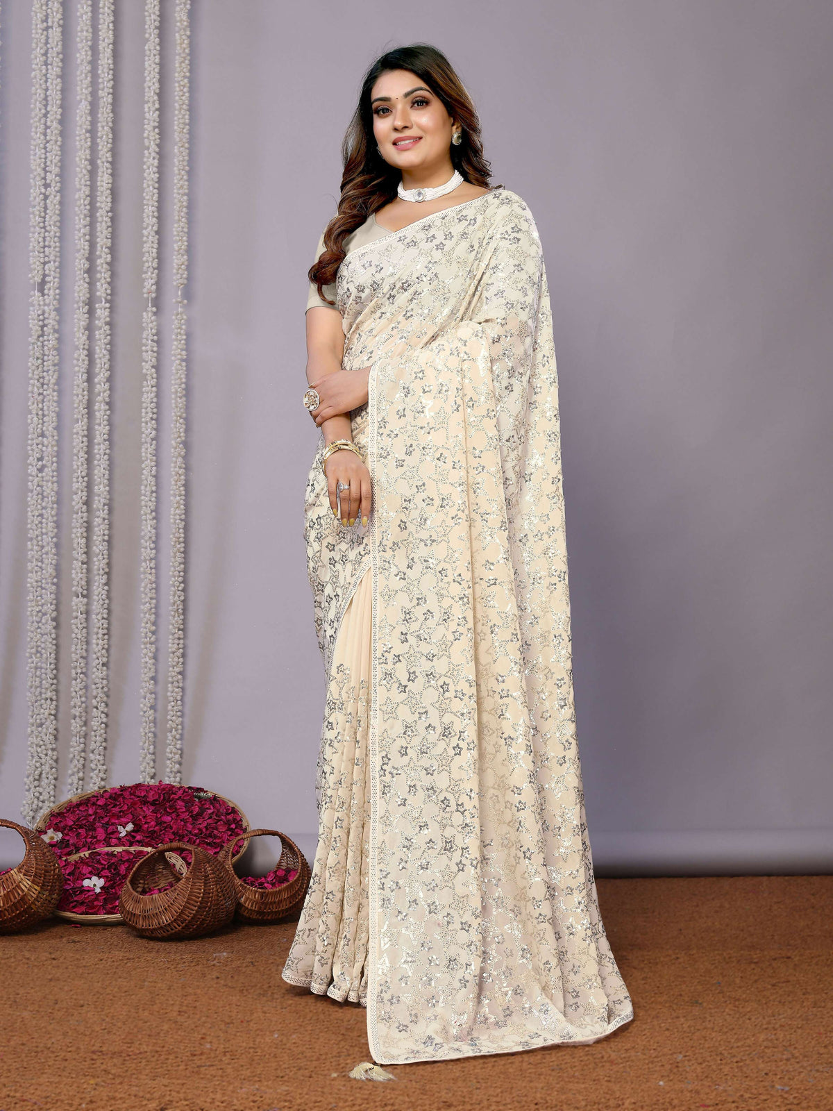 White Pure Georgette Embroidered Saree With Stitched Blouse - Nimaya Kaksha | Grocsy