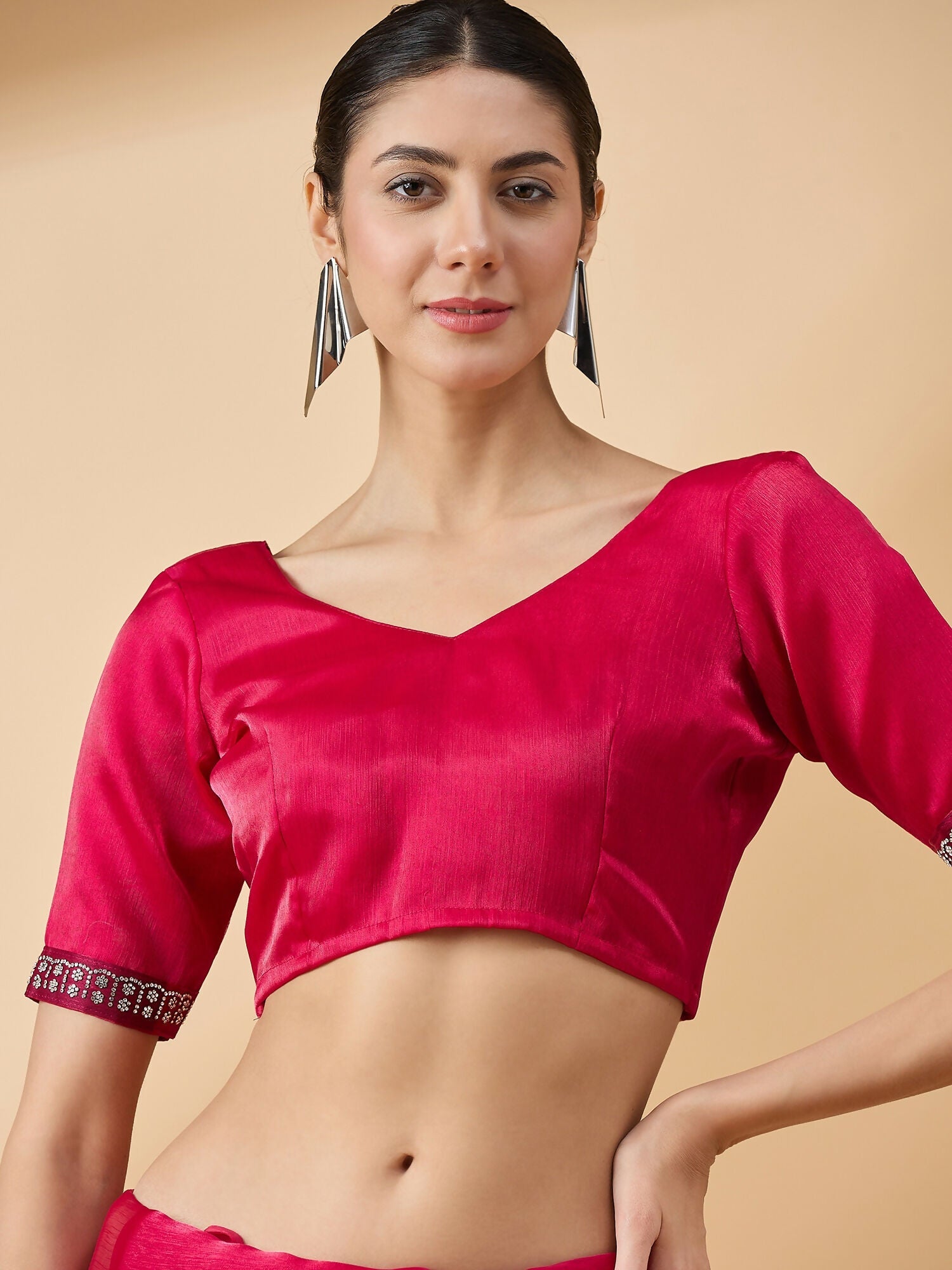 Pink Organza Swaroski Diamond Work Saree with Unstitched Blouse - Radha | Grocsy