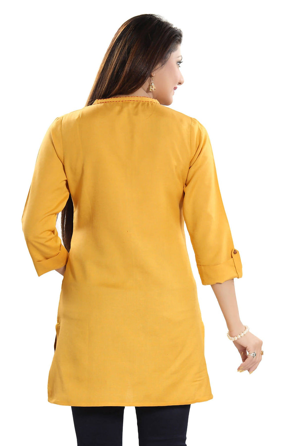 Snehal Creations Desirable Mustard Rayon Cotton Hi-Low Short Kurti Top | Grocsy