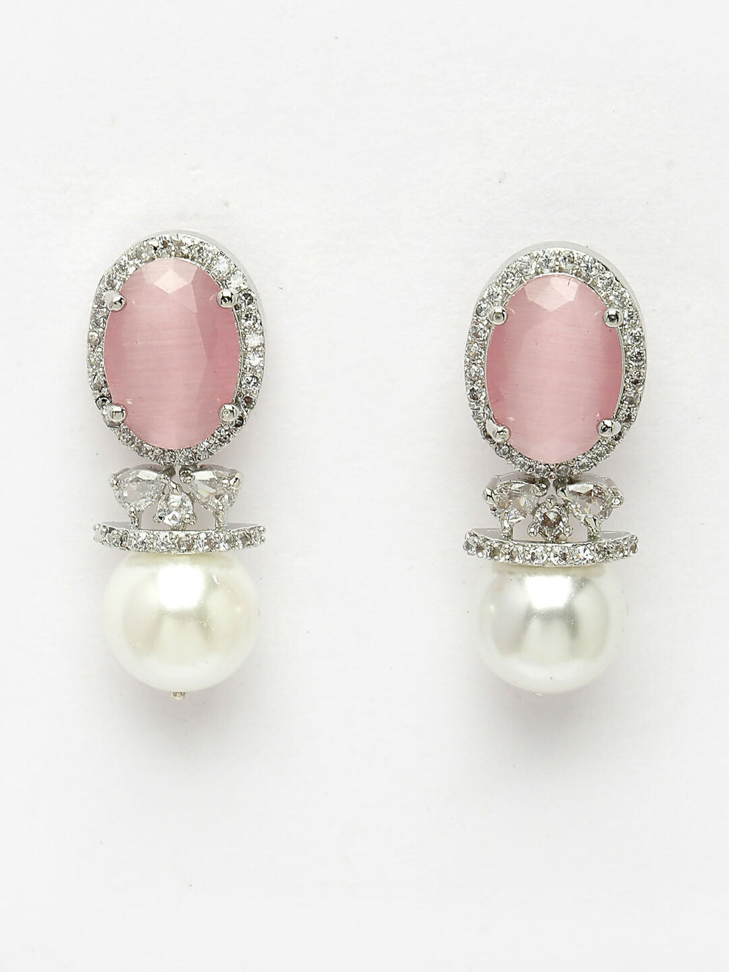 NVR Women's Silver-Plated Pink American Diamond Studded Handcrafted Jewellery Set | Grocsy