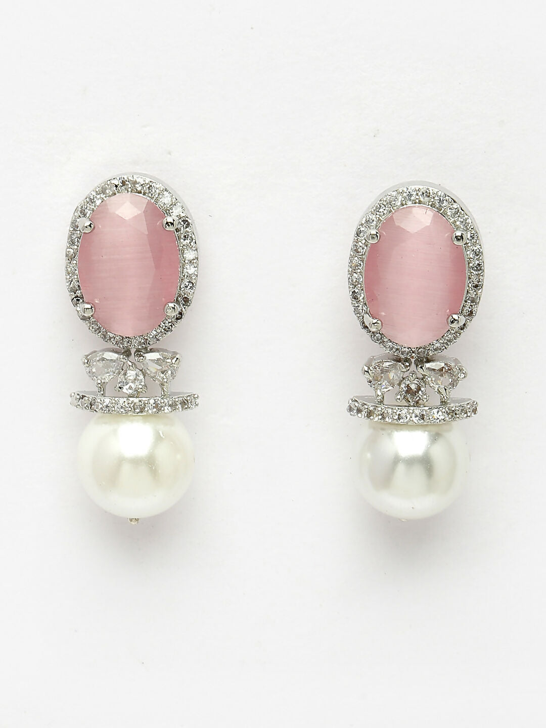 NVR Women's Silver-Plated Pink American Diamond Studded Handcrafted Jewellery Set | Grocsy