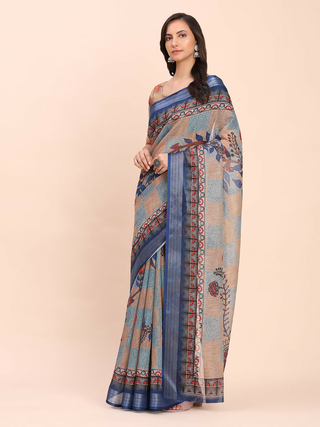 Shree Shyam Fashion Linen Cotton Cream Saree | Grocsy