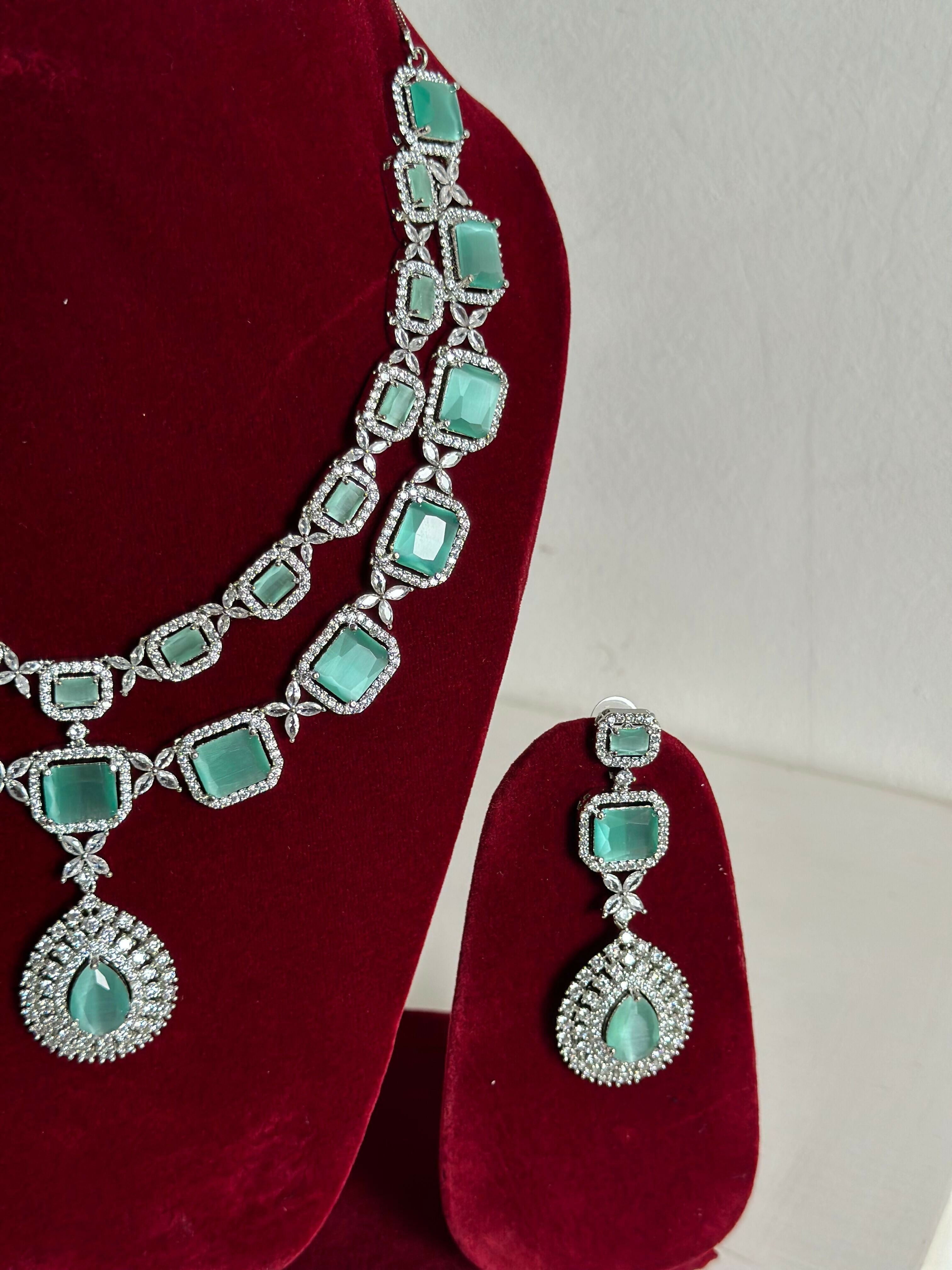 Mint Green American Diamond Two Layer Elegent Necklace Set With Earrings By House of Ree - Swadesiicart