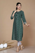 Miravan Women's Rayon Bandhani Print Straight Kurta Green | Grocsy