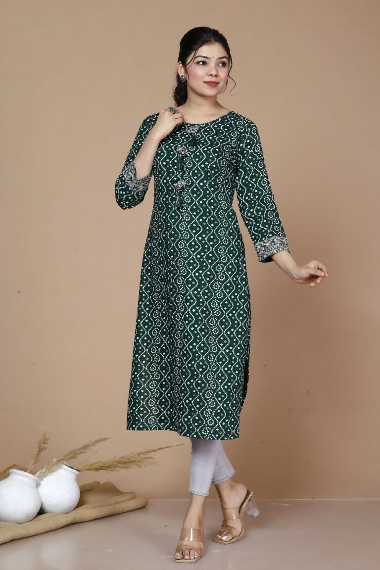 Miravan Women's Rayon Bandhani Print Straight Kurta Green | Grocsy
