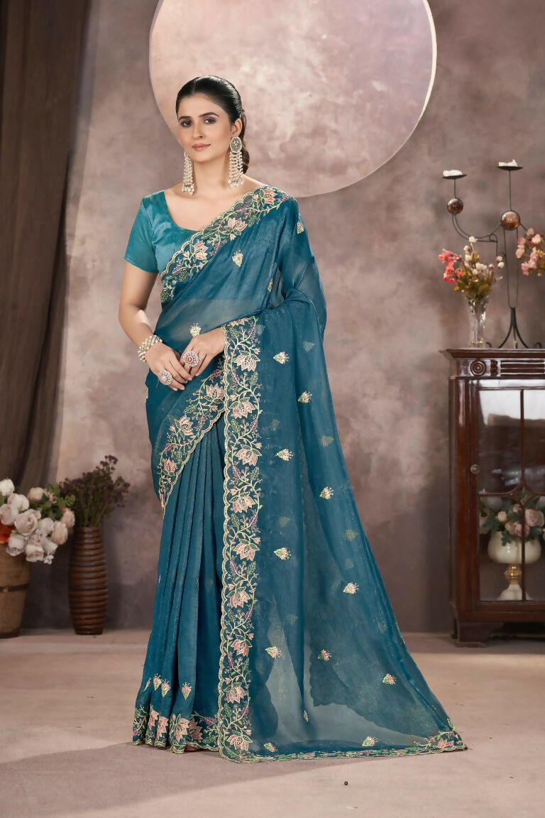 Vastranavya Gold Crunchy Multi Colour Threads Embroidery Work with Sequins Work Saree with Blouse material - Teal | Grocsy