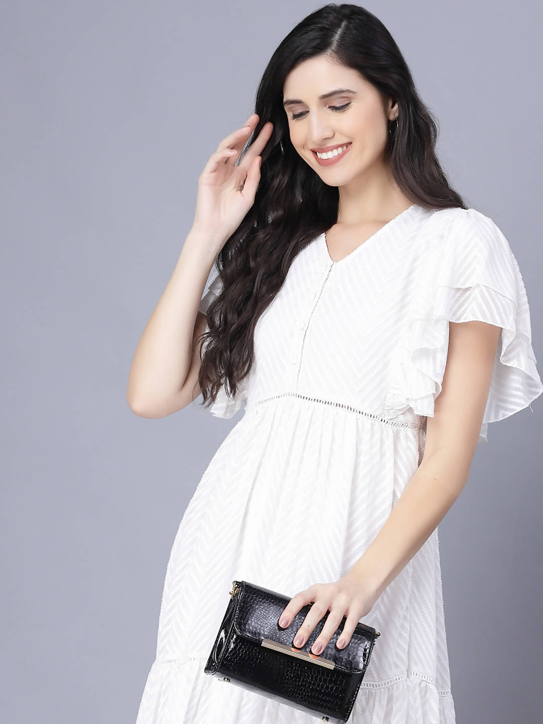 Myshka Georgette Solid Short Sleeve V Neck White Women Dress | Grocsy