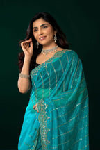 Joban Fashion Turquoise Blue Net Party Wear Sarees | Grocsy