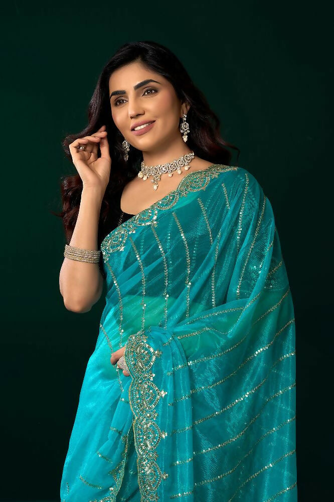 Joban Fashion Turquoise Blue Net Party Wear Sarees | Grocsy