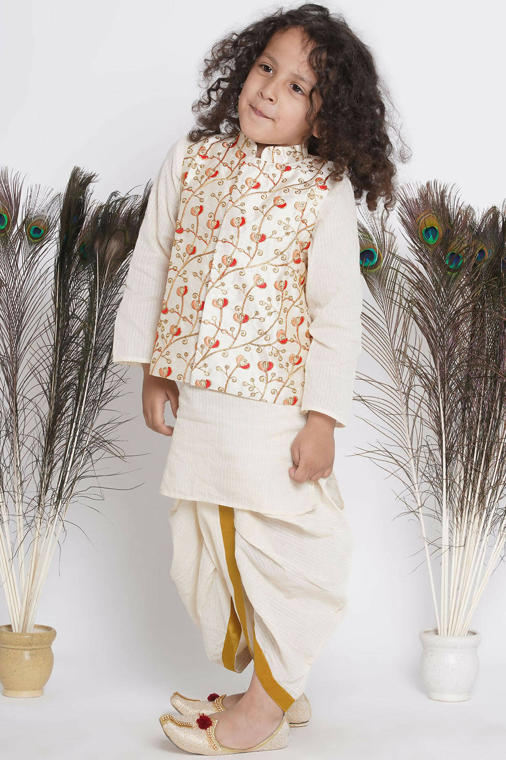 Little Bansi Banarsi Red Tulip Embroidery Jacket With Cotton Kantha kurta And Kantha Dhoti - Cream | Grocsy