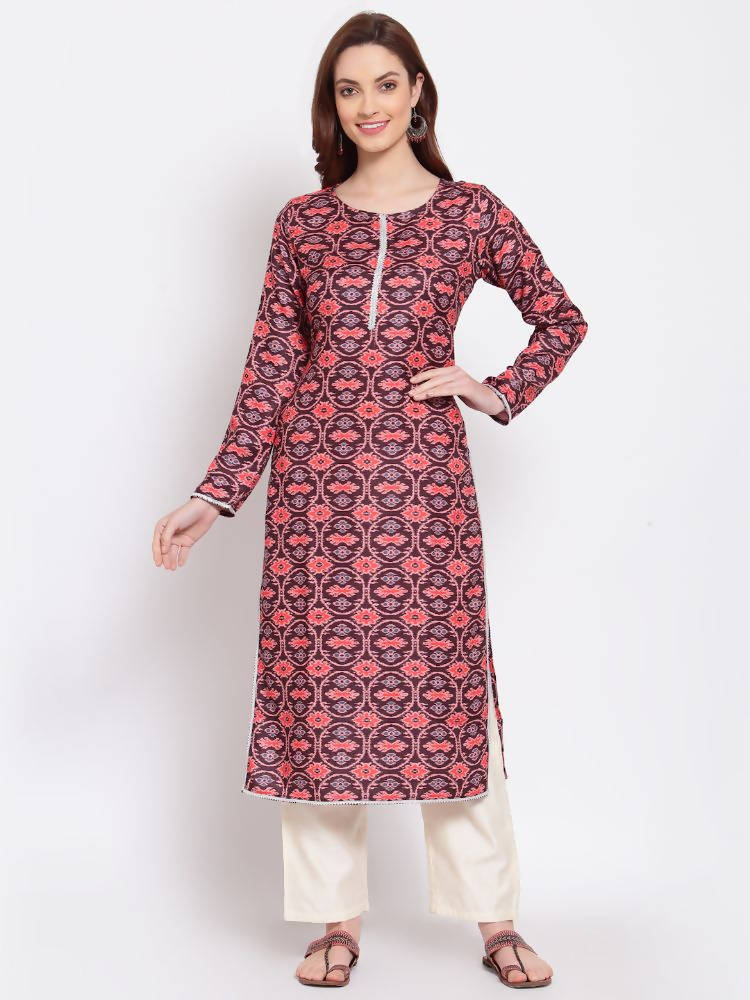Myshka Women's Multi Printed Pashmeena Full Sleeve Round Neck Casual Winter Kurta | Grocsy