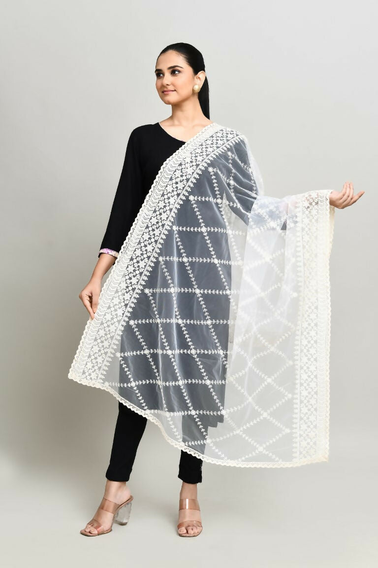 Joban Fashion White Cotton Embroidery Work Pakistani Karanchi Dupatta | Grocsy