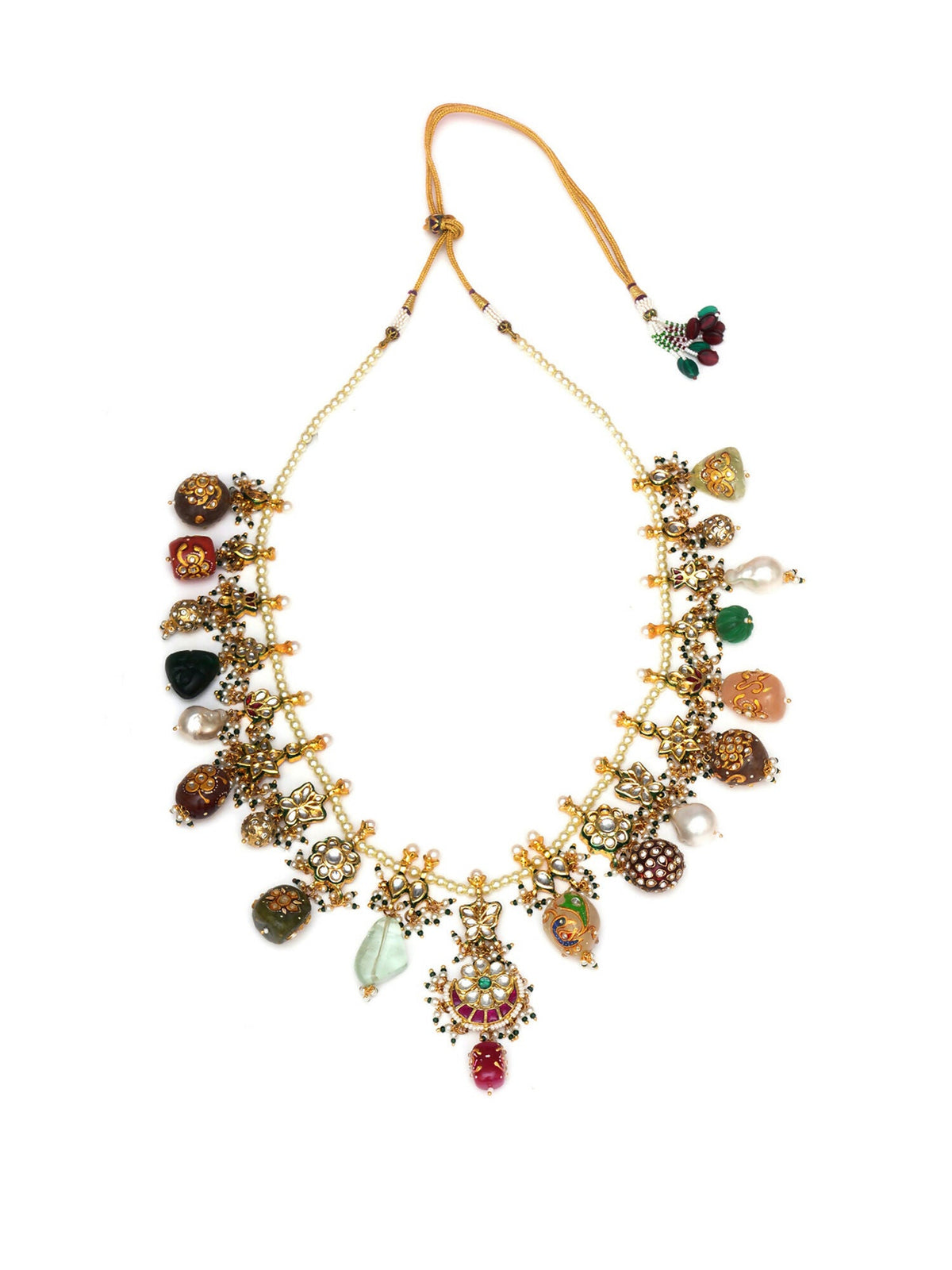 Long Kundan Neckpiece with Earrings with Multi Stones Jewellery Set (Gold) - Ruby Raang | Grocsy