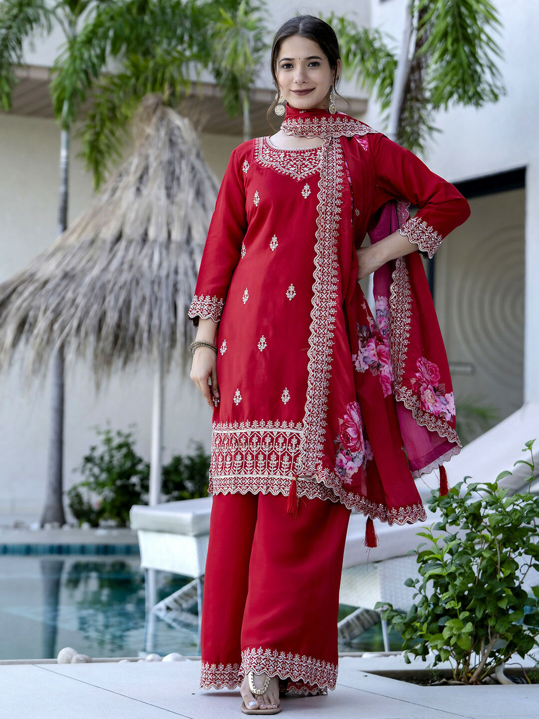 The52 Red Women's Gorgeous Embroidered Vichitra Silk Fabric Straight Kurta, Sharara and Dupatta Set | Grocsy