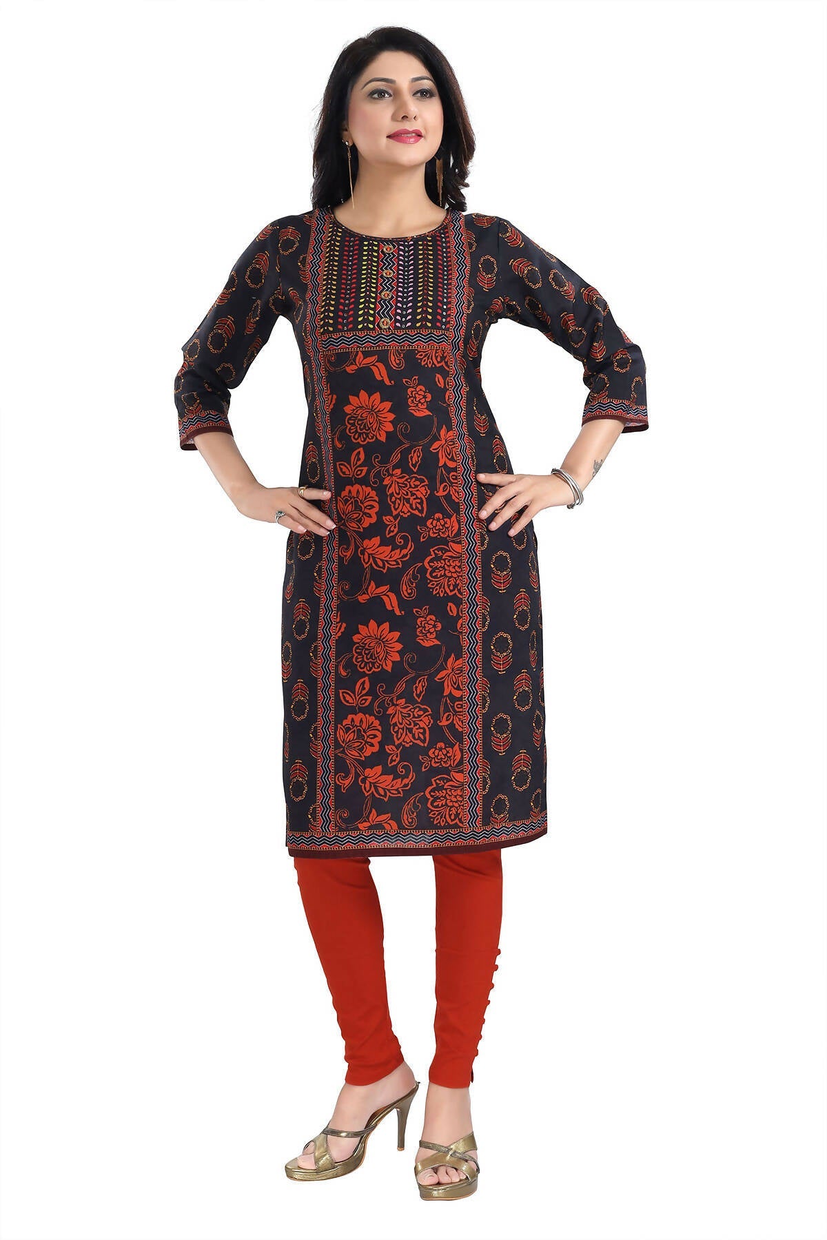 Snehal Creations Elegant Black Designer Digital Print Cotton Slub Fabric Long Kurti Tunic | Grocsy