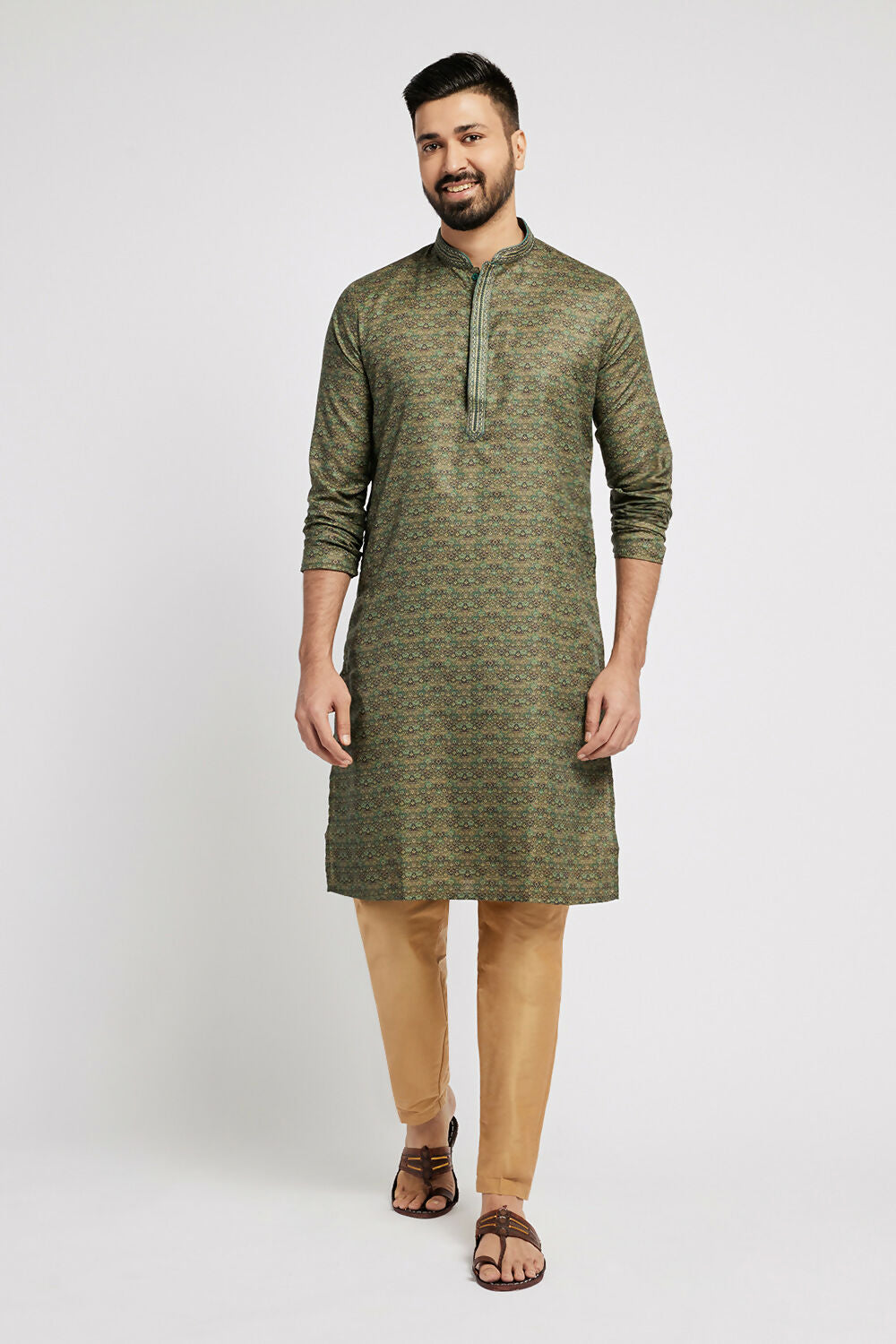Ethnic India Green Men's Kurta Abstract Polyester | Grocsy