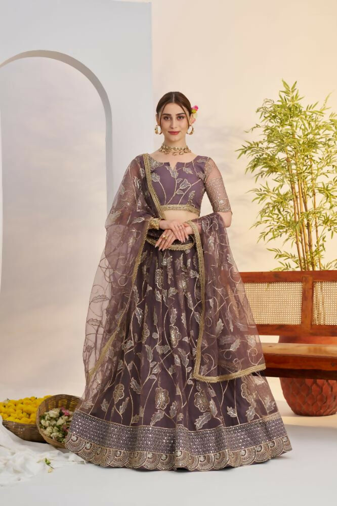 Aastha Fashion Dark Onion Butterfly Net Zari Work And Cotton Thread Work And Sequence Work Embroidery Wedding Wear Lehenga Choli | Grocsy