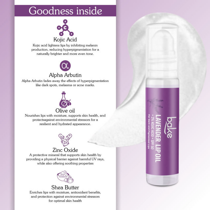Bake 2% Kojic Acid Lavender Lip Balm Oil SPF 50 PA+++ | Grocsy