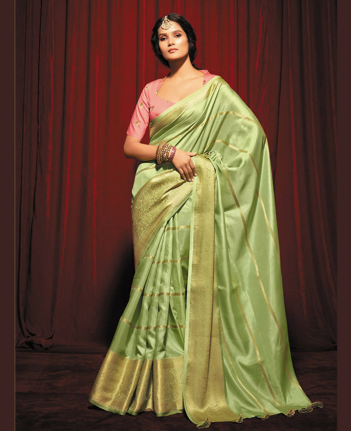 Green Silk Striped Pattren Saree With Unstitched Blouse Piece - Zyanya | Grocsy