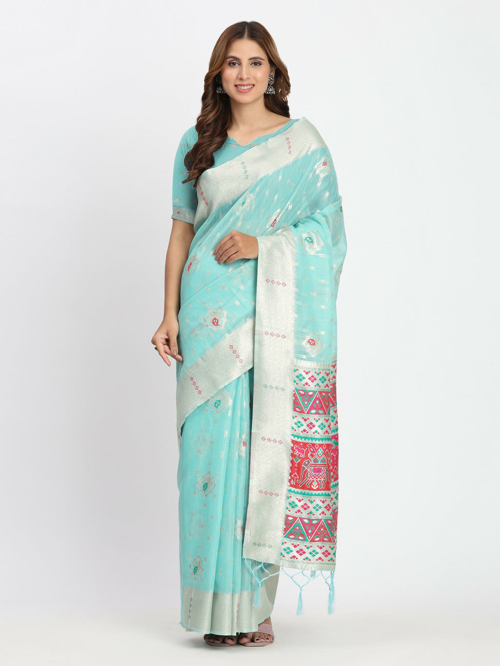Shree Shyam Fashion Linen Cotton Sea Green Saree | Grocsy