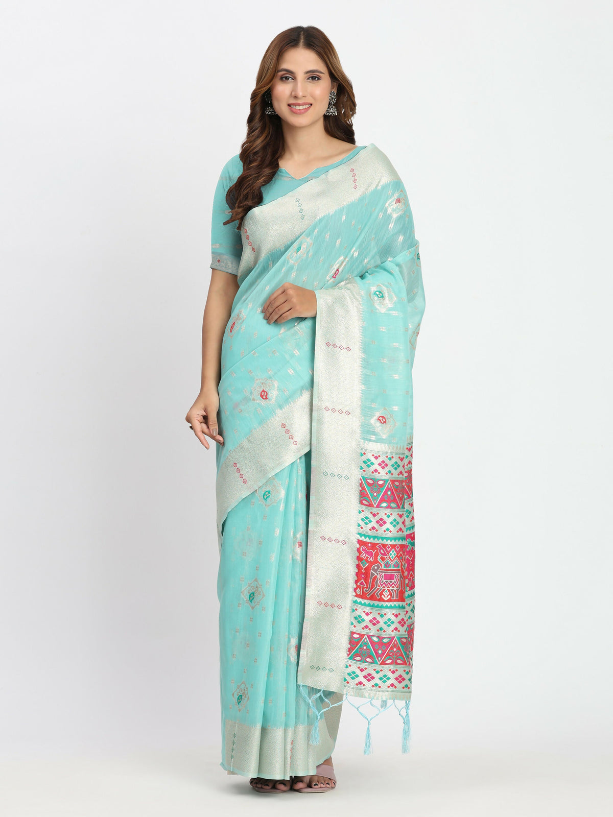 Shree Shyam Fashion Linen Cotton Sea Green Saree | Grocsy