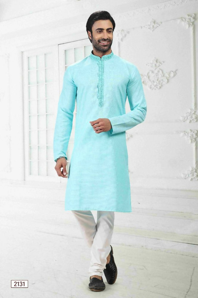 Raivat Ethnic Linen Cotton Thread Work Kurta Pajama In Sky Blue Colour | Grocsy