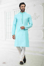 Raivat Ethnic Linen Cotton Thread Work Kurta Pajama In Sky Blue Colour | Grocsy