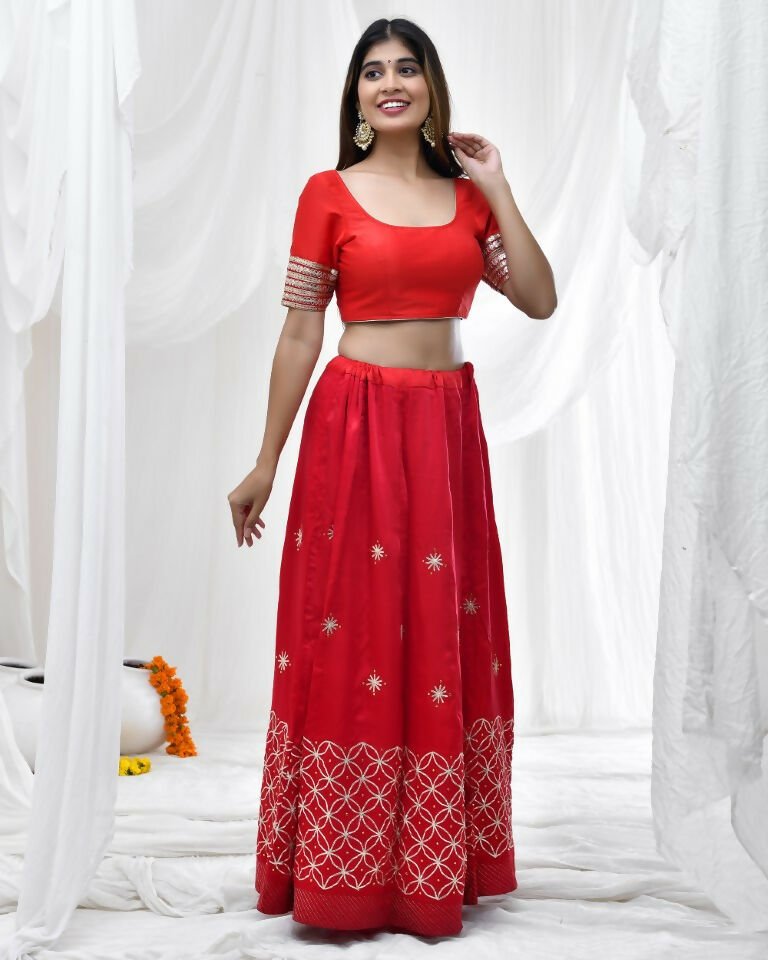 Amodini Designer Studio Red Blouse with Embellished Thread Embroidery Sleeves | Grocsy
