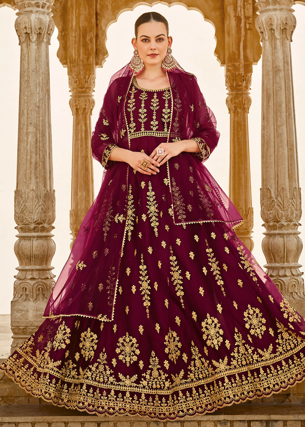Heavy Stone Embroidered Wine Designer Anarkali Suit - Emponline | Grocsy