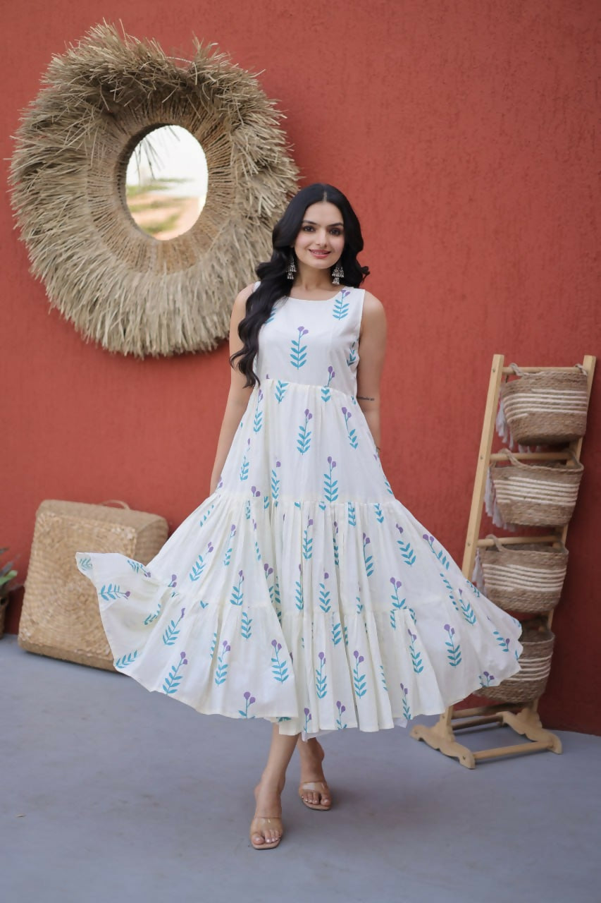 Teeya Creation Womens New Trendy Summer War Printed Cotton Gown Set-Blue | Grocsy