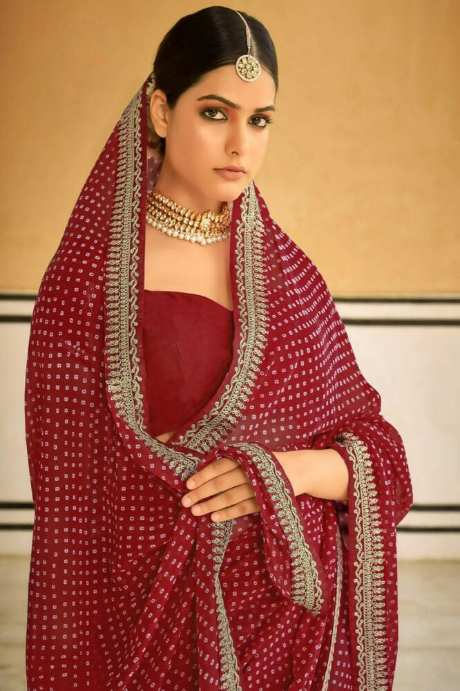 PR Fashion Red Georgette Embroidery Lace Saree | Grocsy