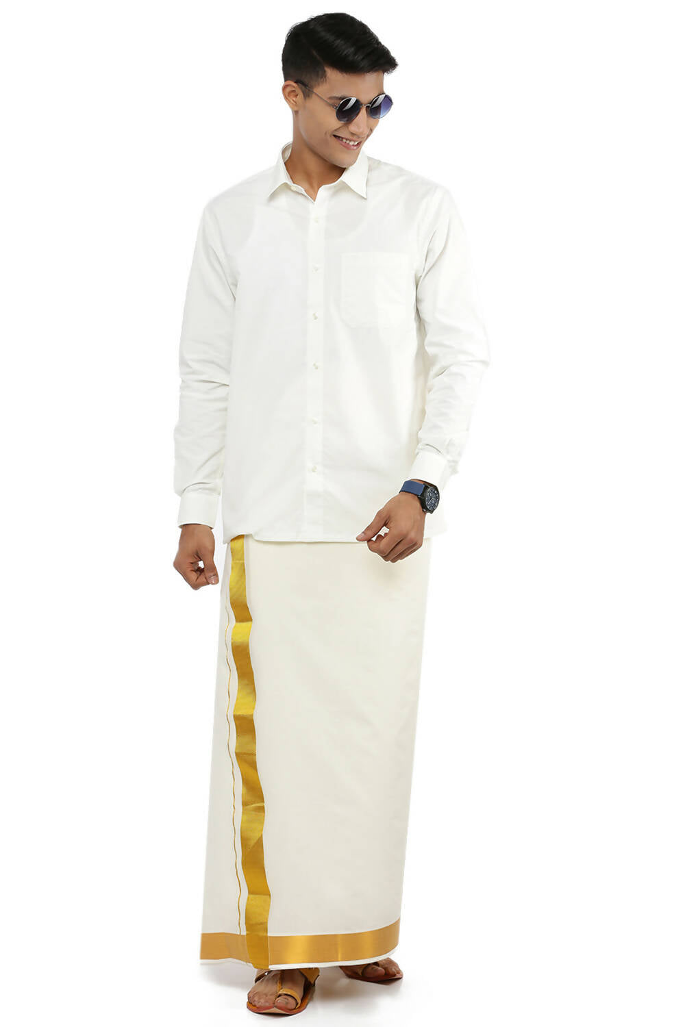 Ramraj Cotton Mens Cotton 1 1/2 " Gold Jari Dhoti - Kora | Grocsy