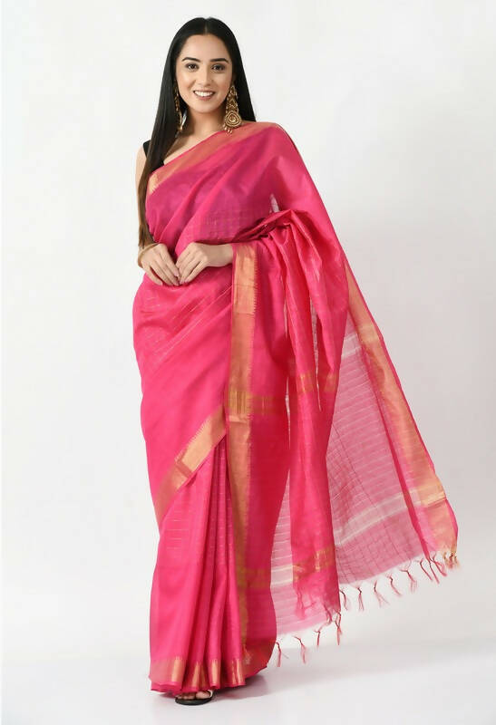 Mominos Fashion Moeza Pink Bhagalpuri Handloom Silk Raj Shree Saree with unstitched Blouse piece | Grocsy