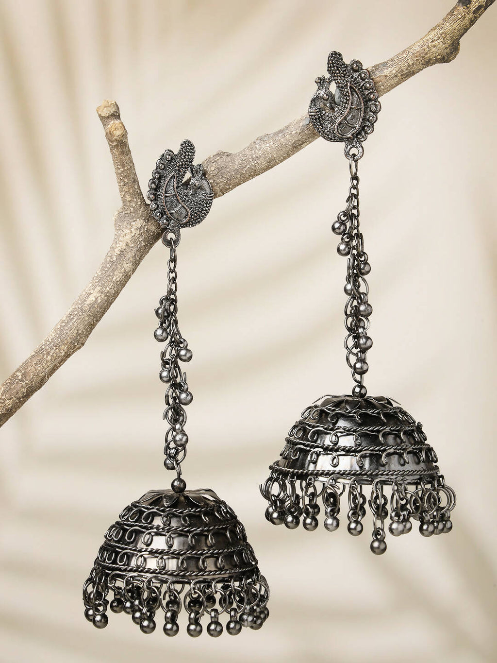 NVR Women Black Oxidised Brass-Plated Jhumka Earrings