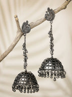 NVR Women Black Oxidised Brass-Plated Jhumka Earrings