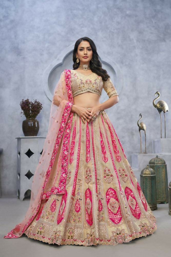 Kesar Fab Chiku Organza Embroidered Lehenga | Grocsy