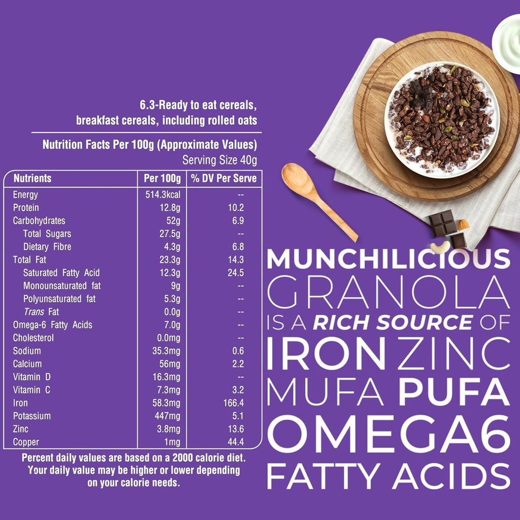 Munchilicious Granola - Dark Chocolate, Healthy & Nutritious Breakfast Cereal with Whole Nuts | Grocsy