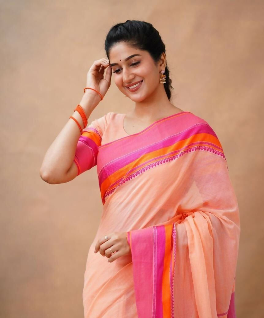 Exclusive Collection Light Orange Beautiful Khadi Cotton Handloom Saree | Grocsy