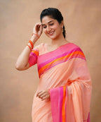 Exclusive Collection Light Orange Beautiful Khadi Cotton Handloom Saree | Grocsy