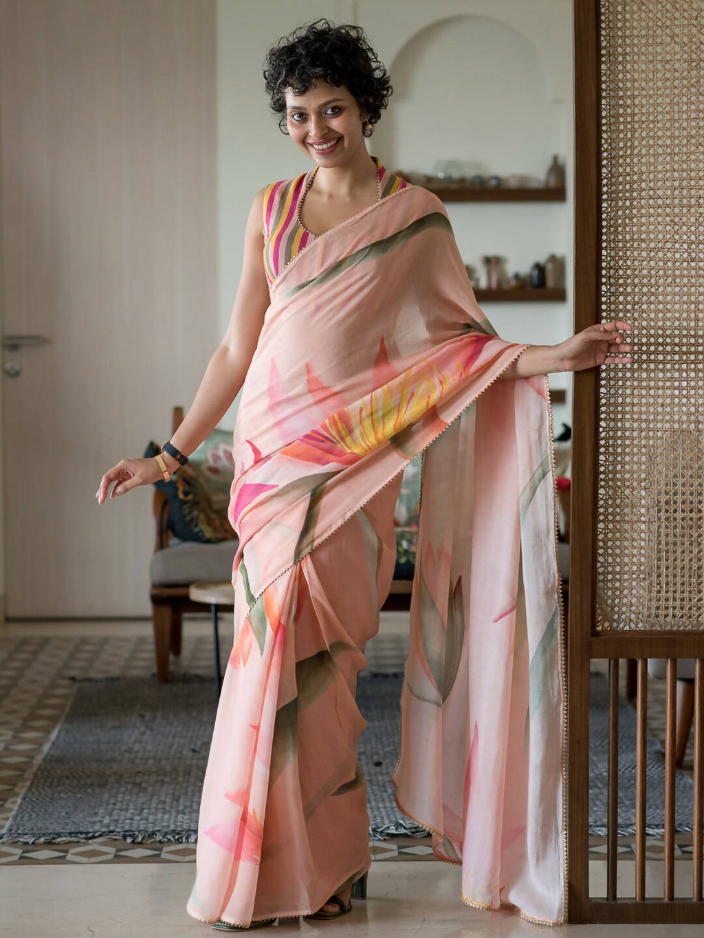 Suta Peach Floral Pure Cotton Saree | Grocsy