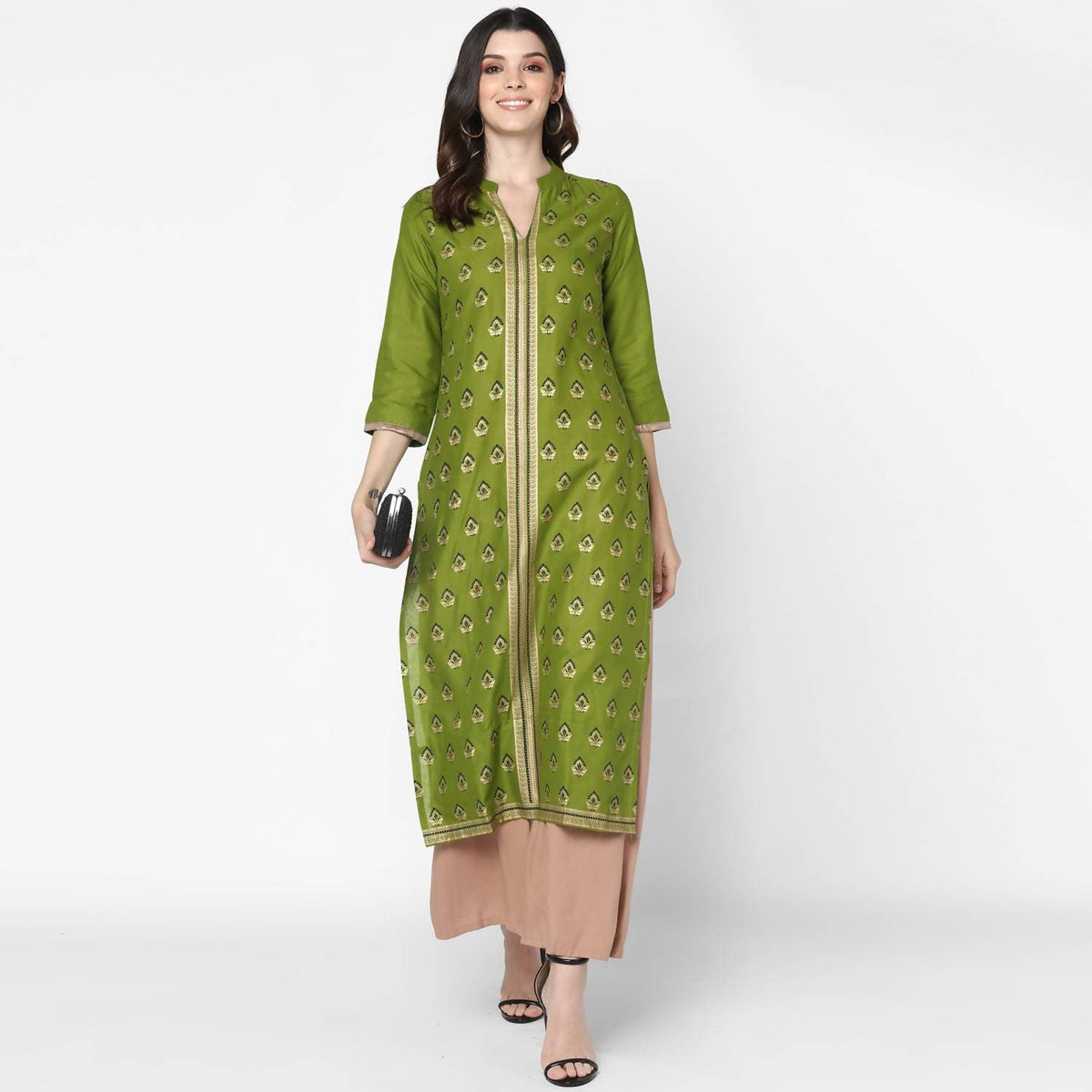 Cheera Hand Block Print Olive Green Straight Kurta (MAAI-044K) | Grocsy