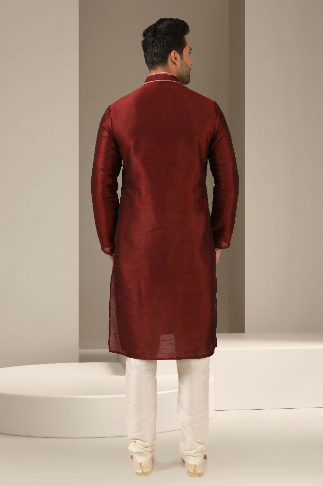 Raivat Ethnic Banarasi Art Silk Thread Work Kurta Pajama In Maroon Colour | Grocsy