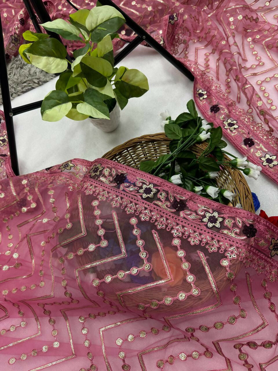 Vastranavya Butterfly Net Designer Chain Stitch Embroidery Work with Foil Thread & Stone Work Saree with Blouse Material - Pink | Grocsy